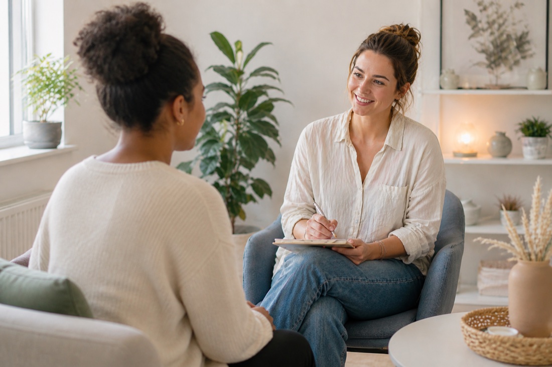 Beraterin im Gespräch mit einer Klientin in einem hellen Therapieraum