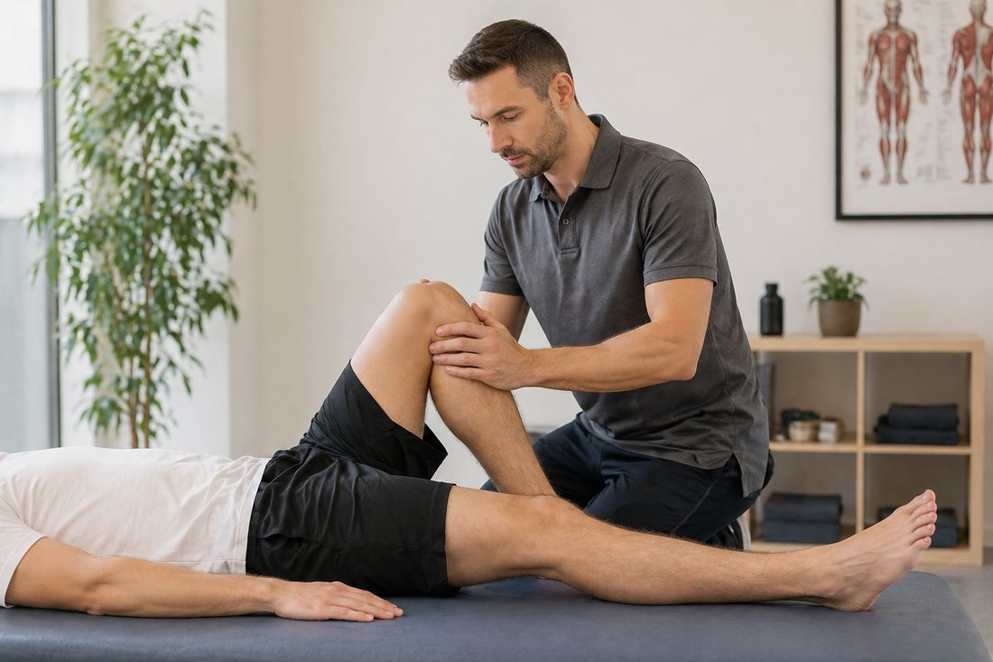 Physiotherapeut behandelt das Knie eines liegenden Patienten in einer Praxis