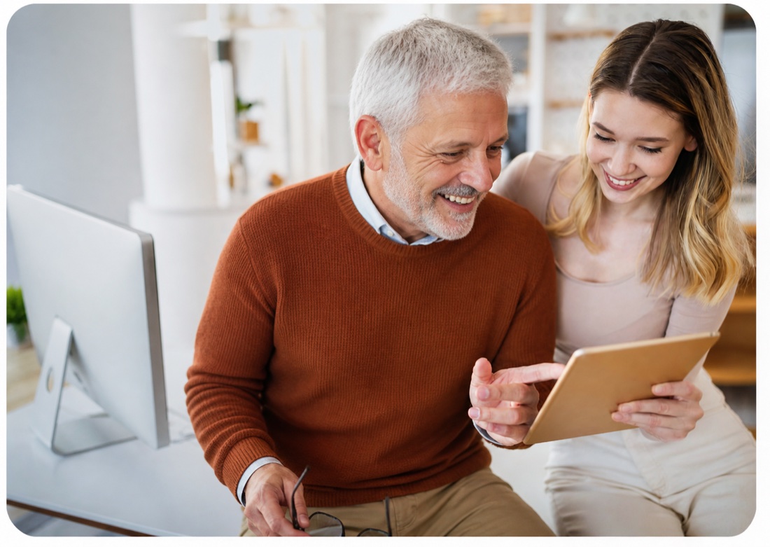 Zwei Menschen betrachten gemeinsam lächelnd ein Tablet in heller Umgebung